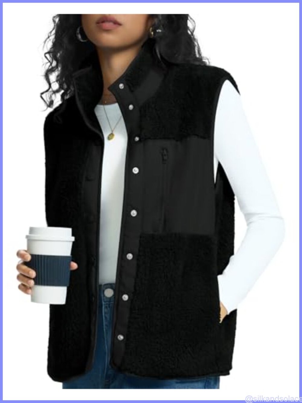 Women's Fleece Vest Snap Button Sherpa Sleeveless Winter Outerwear with Pockets